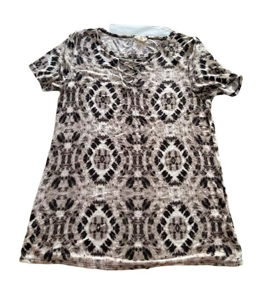 Dept 22 T-Shirt Size M Black White Tie Dye Lace Up Neck Short Sleeve